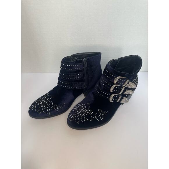 Shoedazzle Shoes - Shoedazzle - Blue Velvet Kalene Booties with Stud and Buckle Detail - Size 9